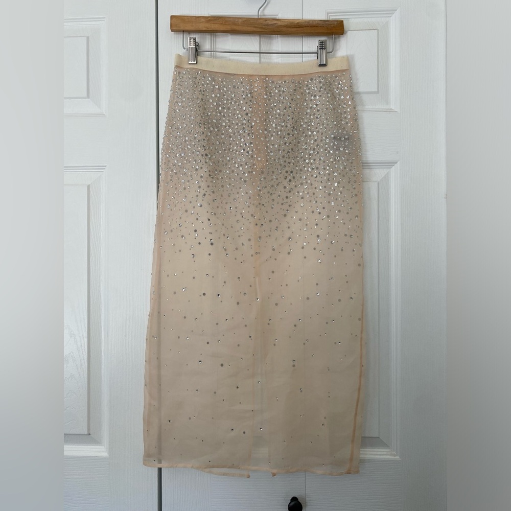 Zara Nude Sheer Rhinestone Midi Skirt Blogger Favourite XS Beige